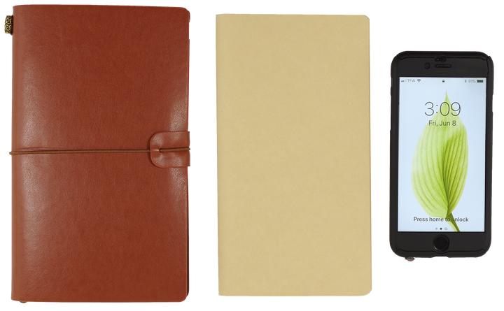 Brown leather notebook, beige cover, and smartphone with green leaf display on a white background