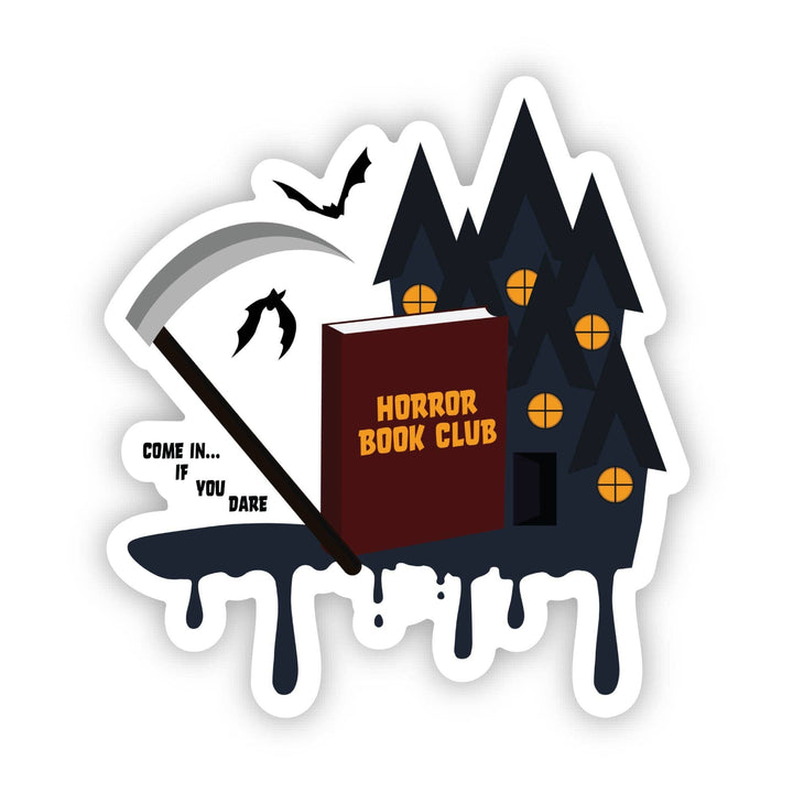 Sticker design of a haunted house with a book titled &