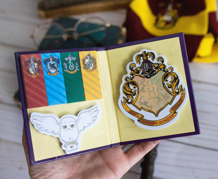 Hogwarts school crest and owl illustration in a display case with colorful background