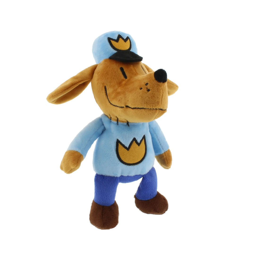 Plush toy dog in a blue uniform with a yellow emblem on a white background