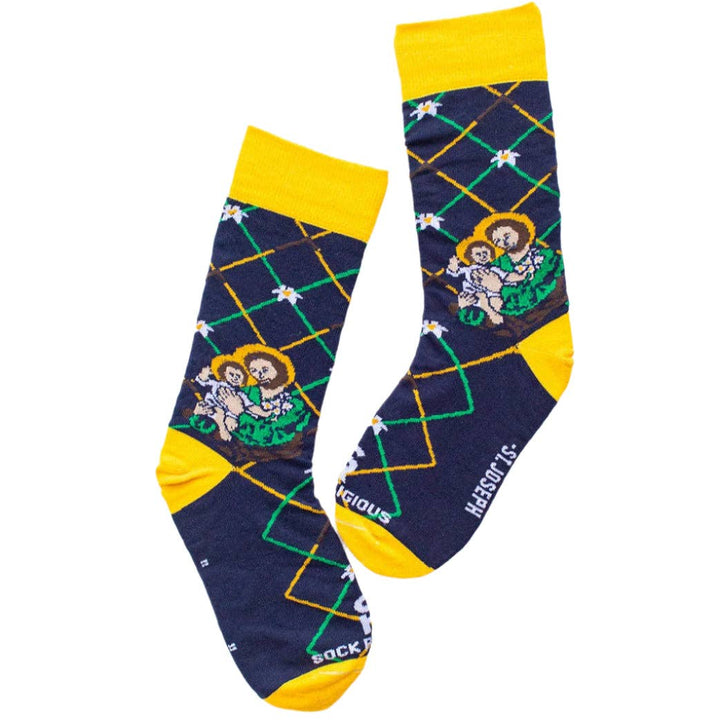 Pair of socks with religious-themed design on a white background