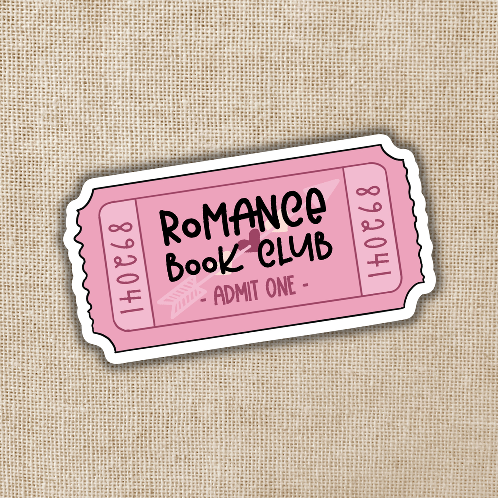 Pink ticket-style sticker with 'Romance Book Club' text on a beige textured background