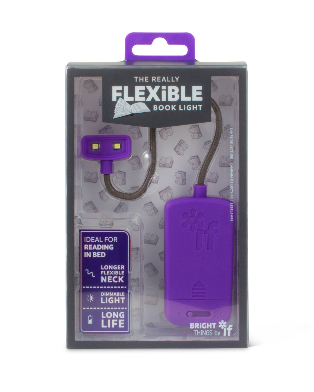 Purple flexible book light in packaging with branding on a white background