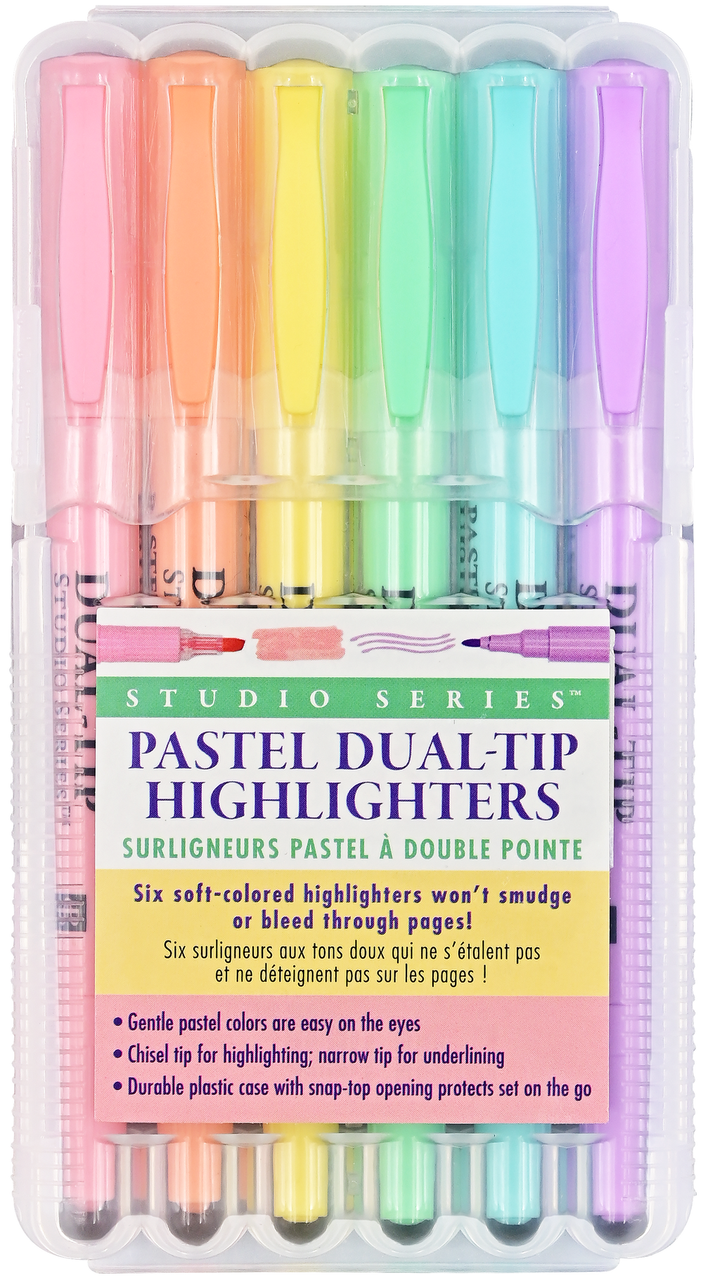 Set of pastel dual-tip highlighters in a clear plastic case.