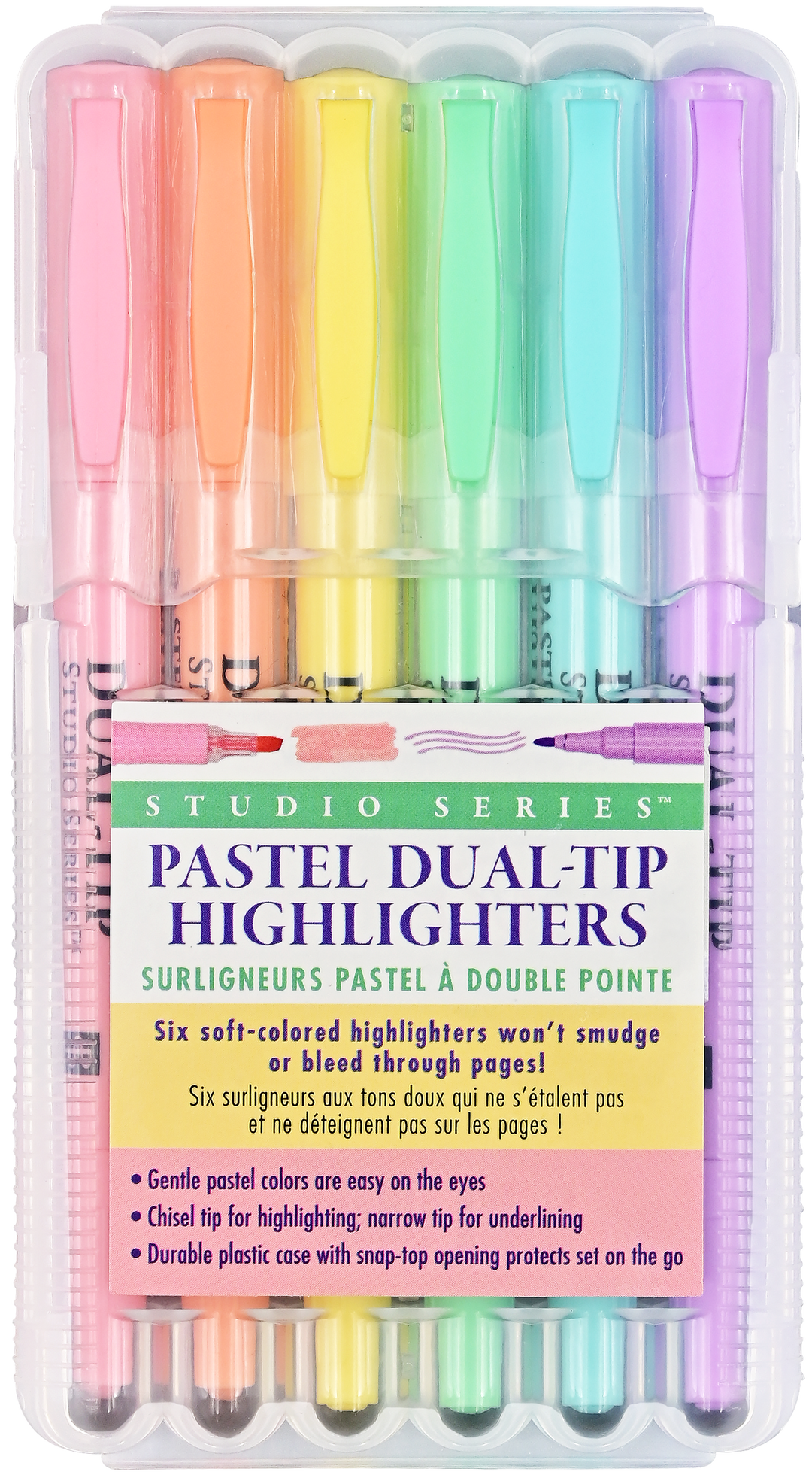Set of pastel dual-tip highlighters in a clear plastic case.