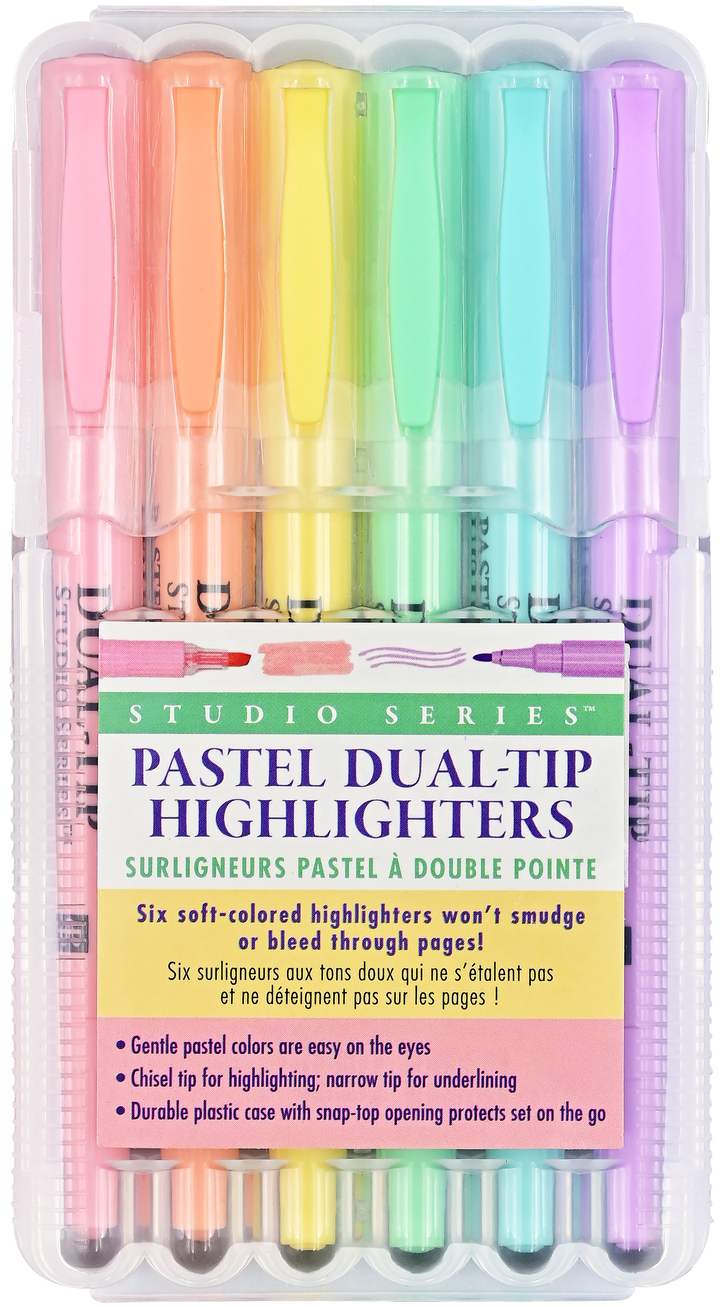 Set of pastel dual-tip highlighters in a clear plastic case.