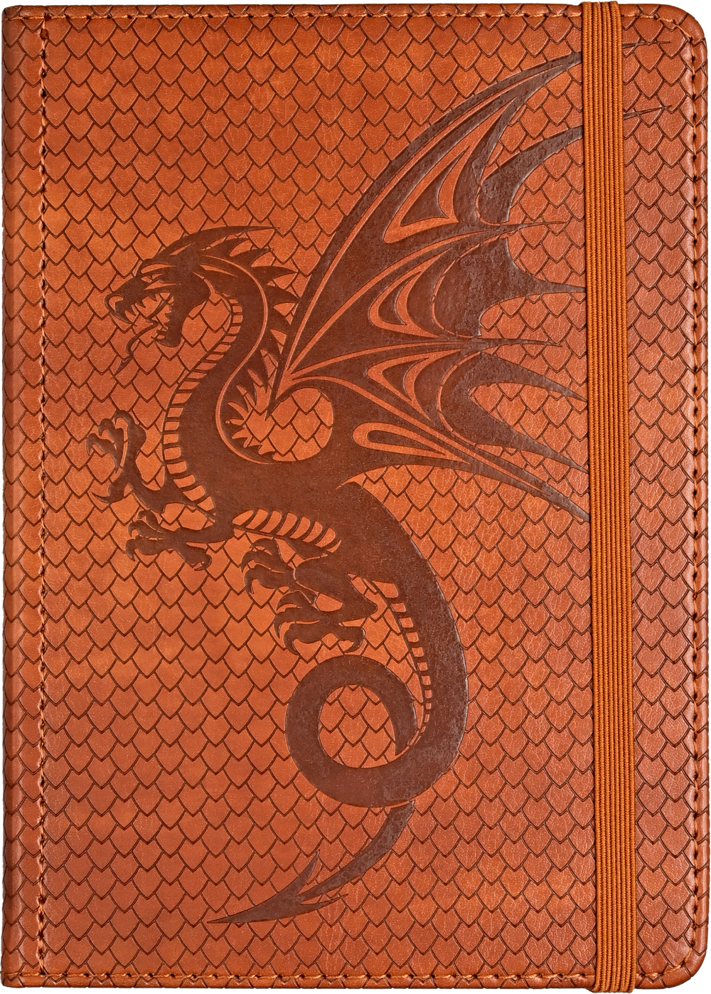 Brown leather notebook with embossed dragon design on a brown background