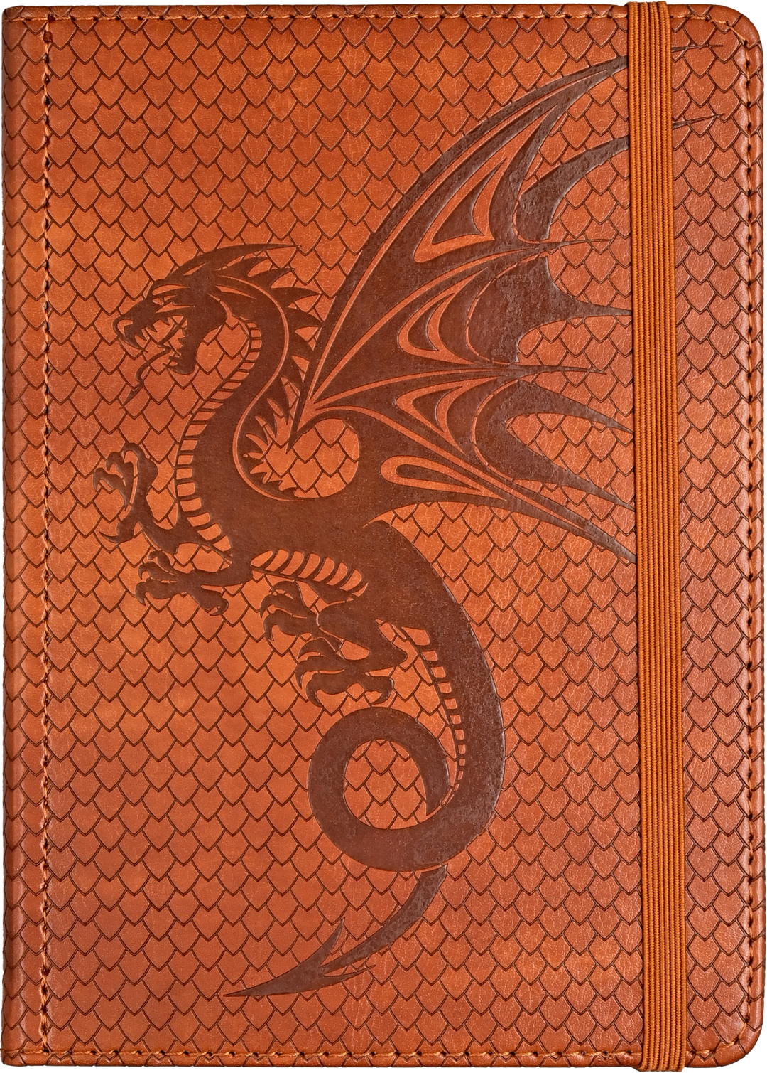 Brown leather notebook with embossed dragon design on a brown background