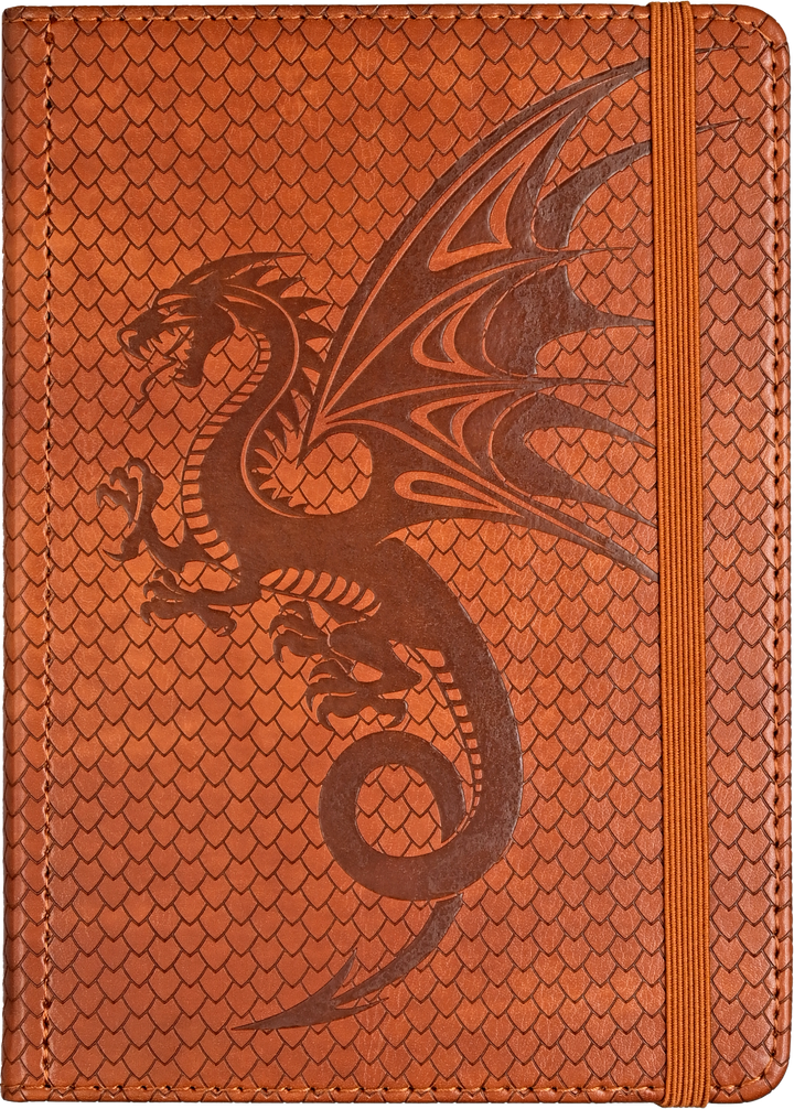 Brown leather notebook with embossed dragon design on a brown background