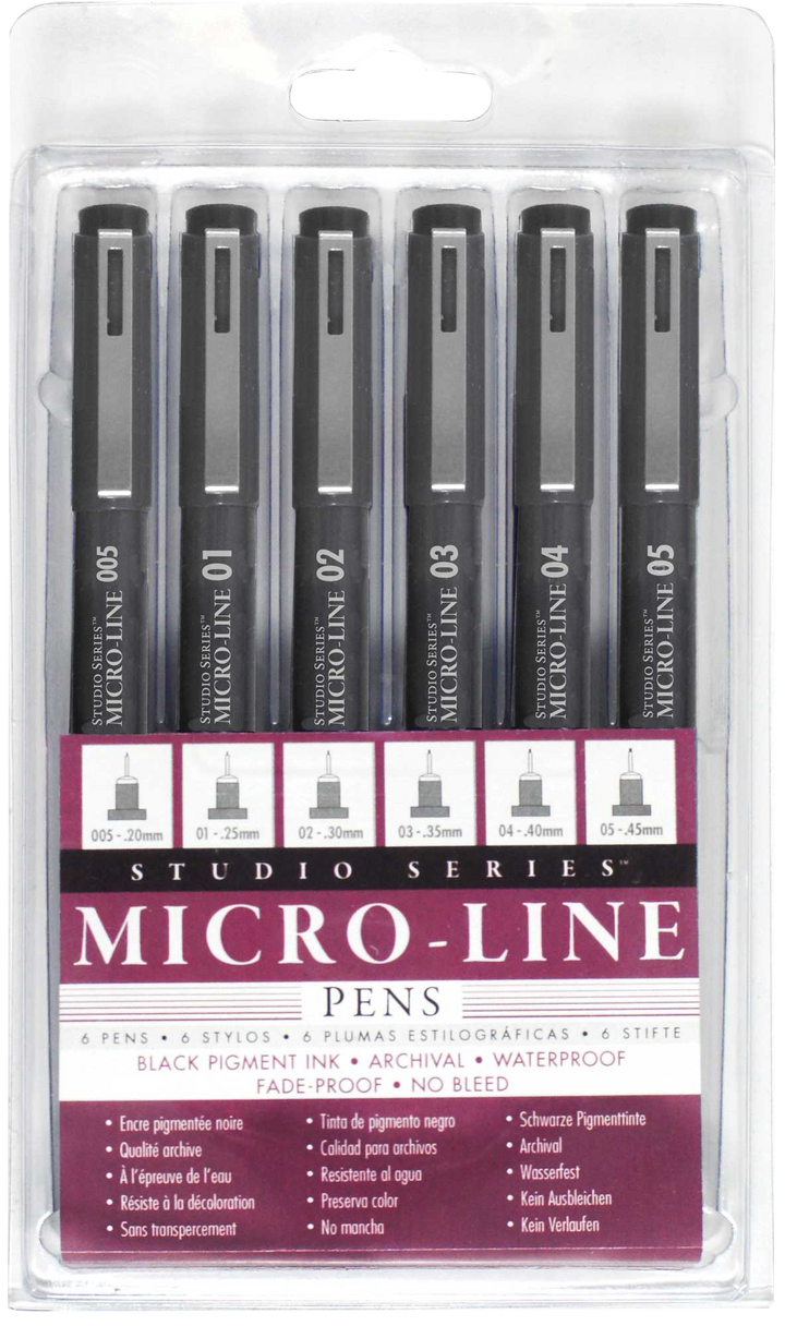 Set of Micro-Line pens in packaging with brand details.