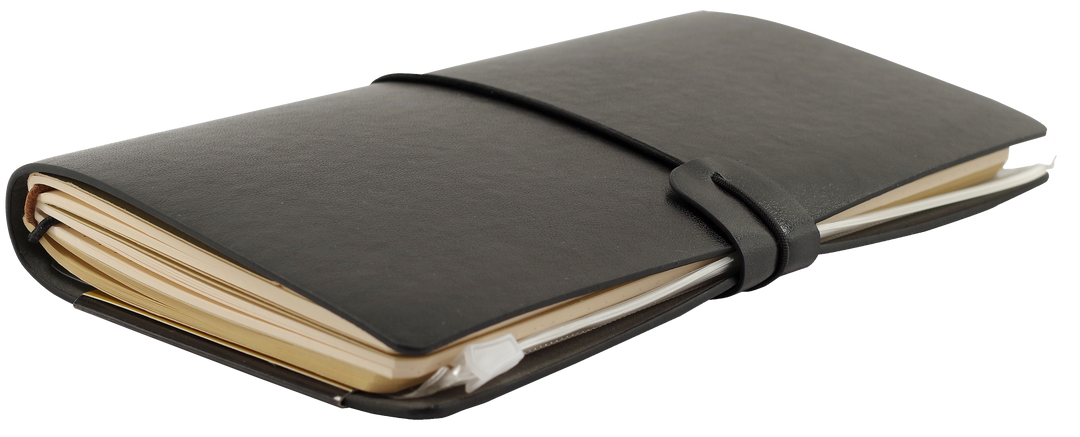 Black leather notebook with a strap closure on a white background
