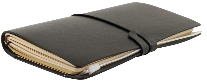 Black leather notebook with a strap closure on a white background