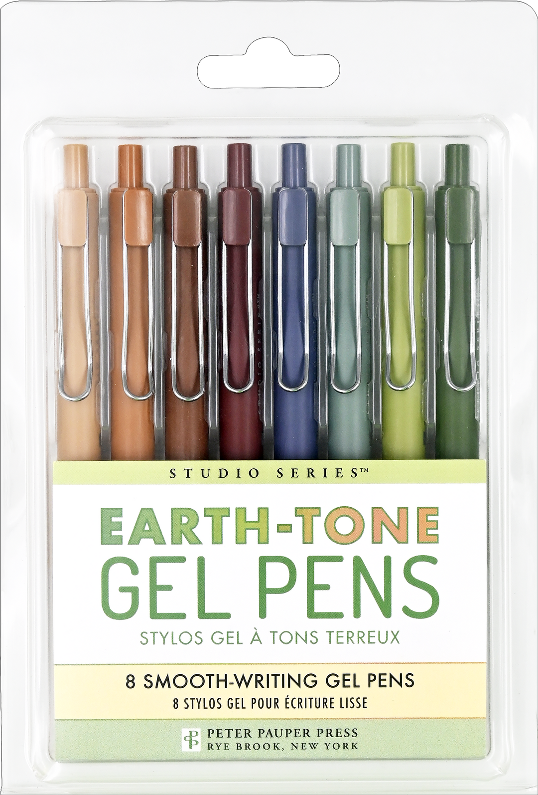 Pack of earth-tone gel pens with a clear plastic sleeve on a white background