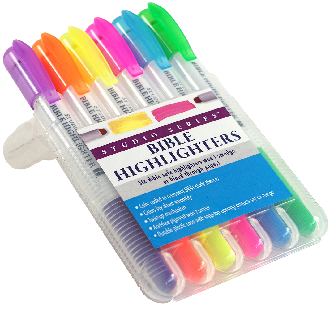 Set of colorful Bible highlighters in a clear case with branding text.