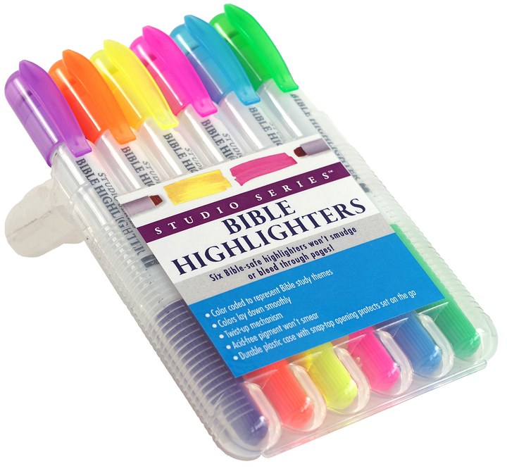 Set of colorful Bible highlighters in a clear case with branding text.