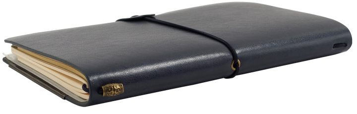 Navy leather-bound notebook with a strap closure on a white background