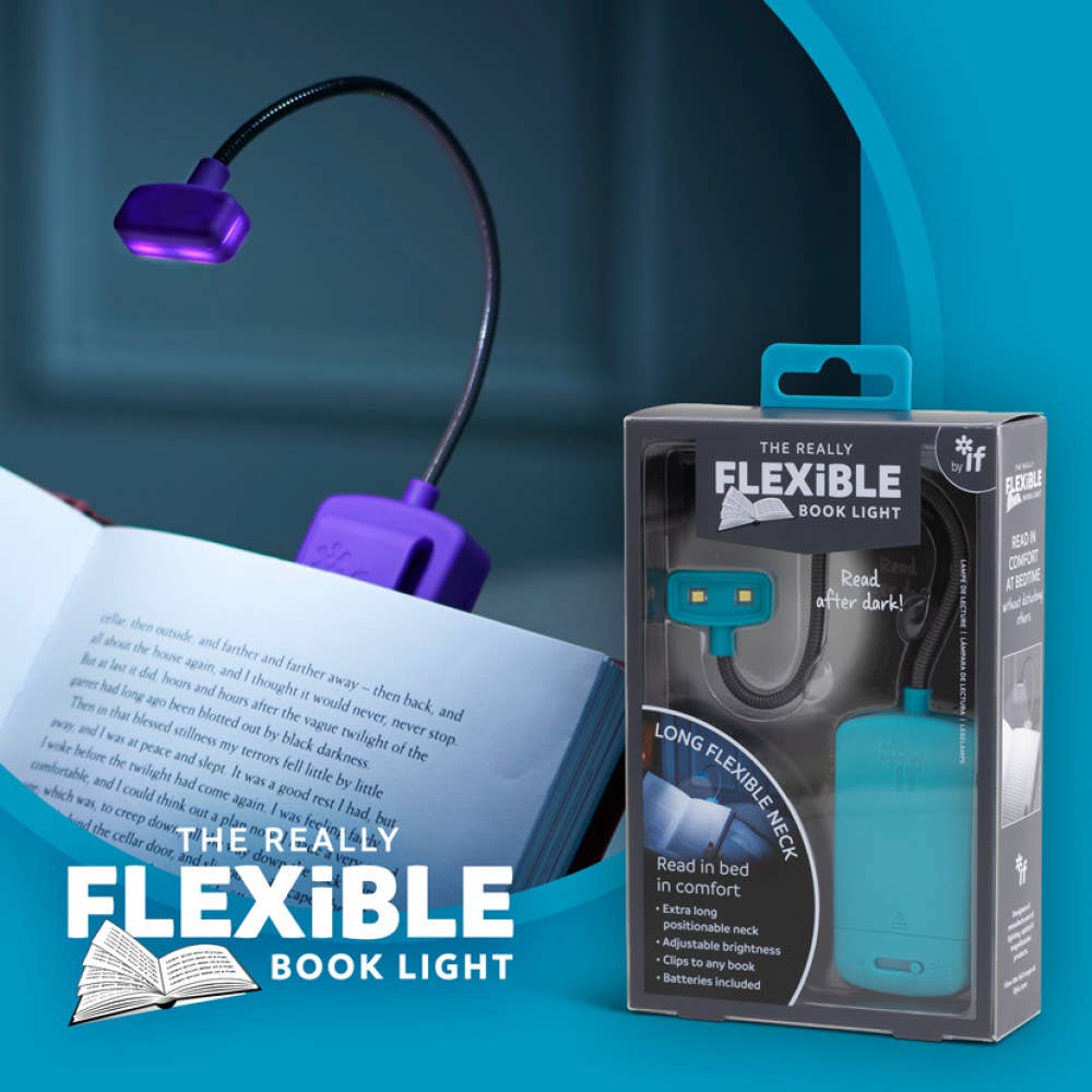 Purple flexible book light next to its packaging on a blue background