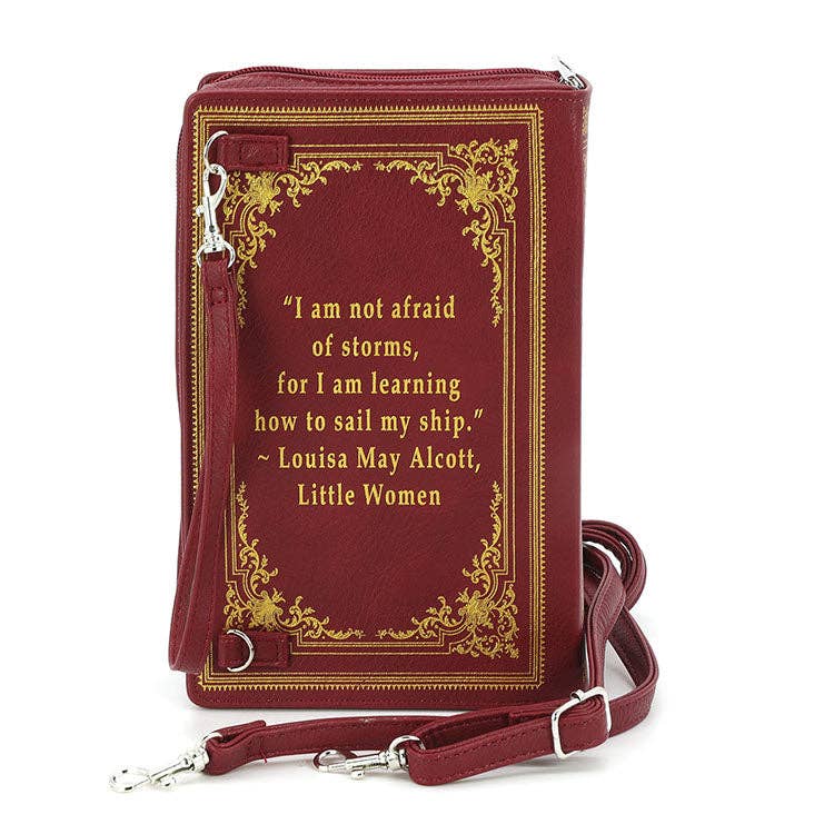 Maroon book-shaped bag with gold text and a quote from Louisa May Alcott on a white background