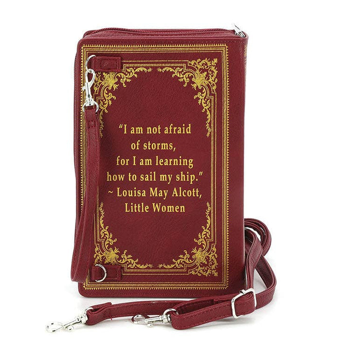 Maroon book-shaped bag with gold text and a quote from Louisa May Alcott on a white background