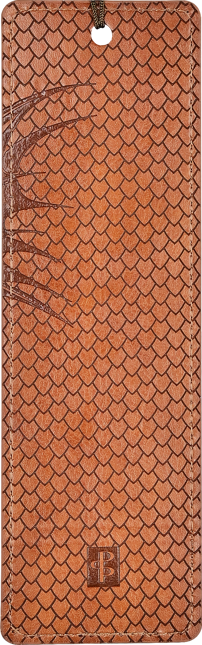 Brown textured leather product with a brand logo on a brown background