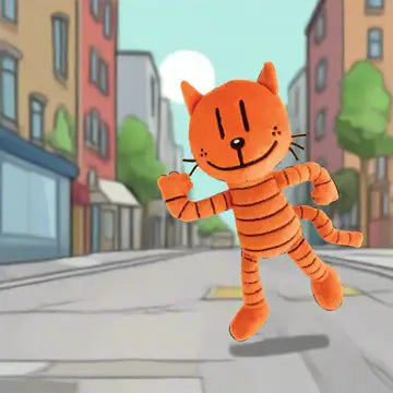 Cartoon cat character running on a city street
