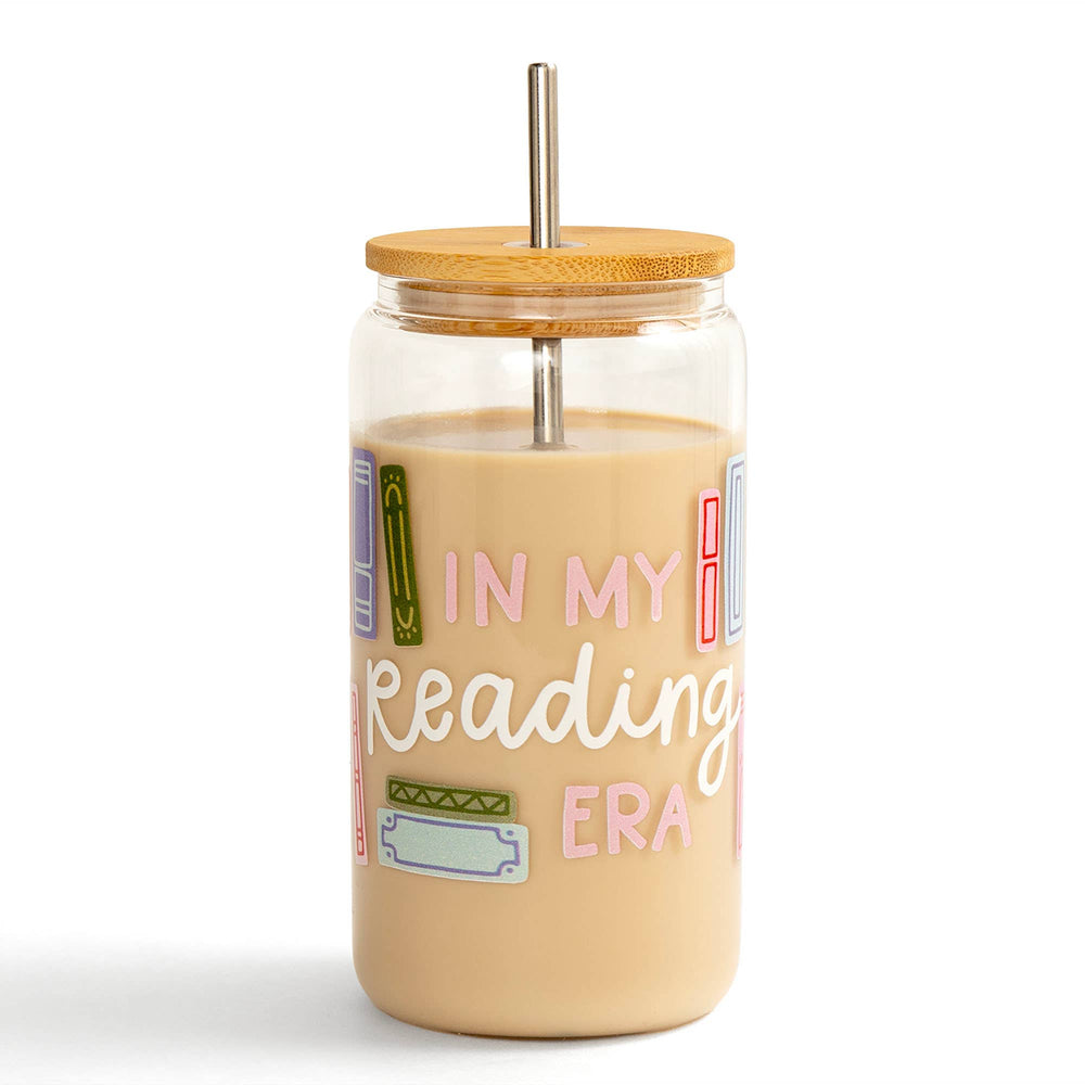 Jar with a straw lid labeled 'In My Reading Era' on a white background