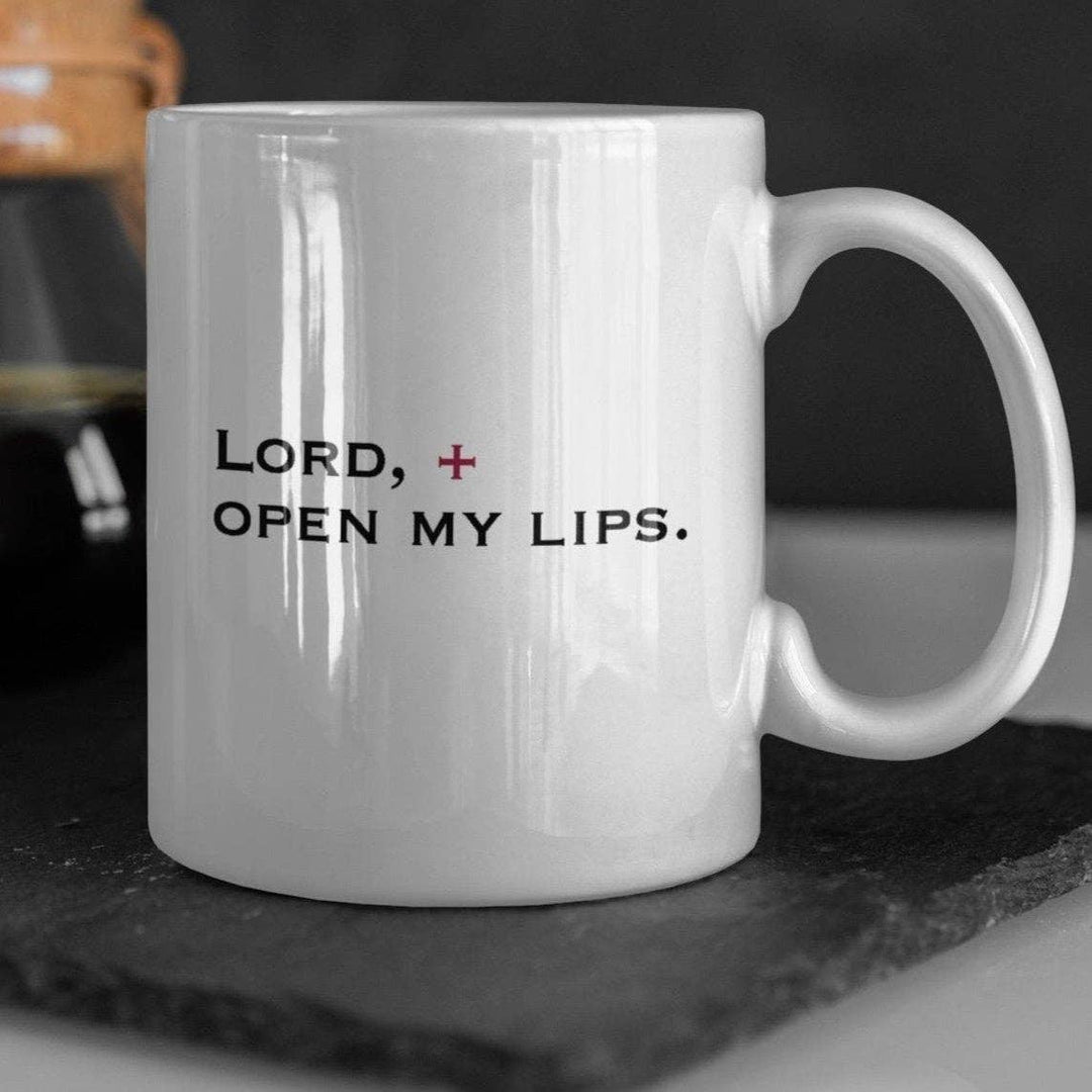 White mug with text &