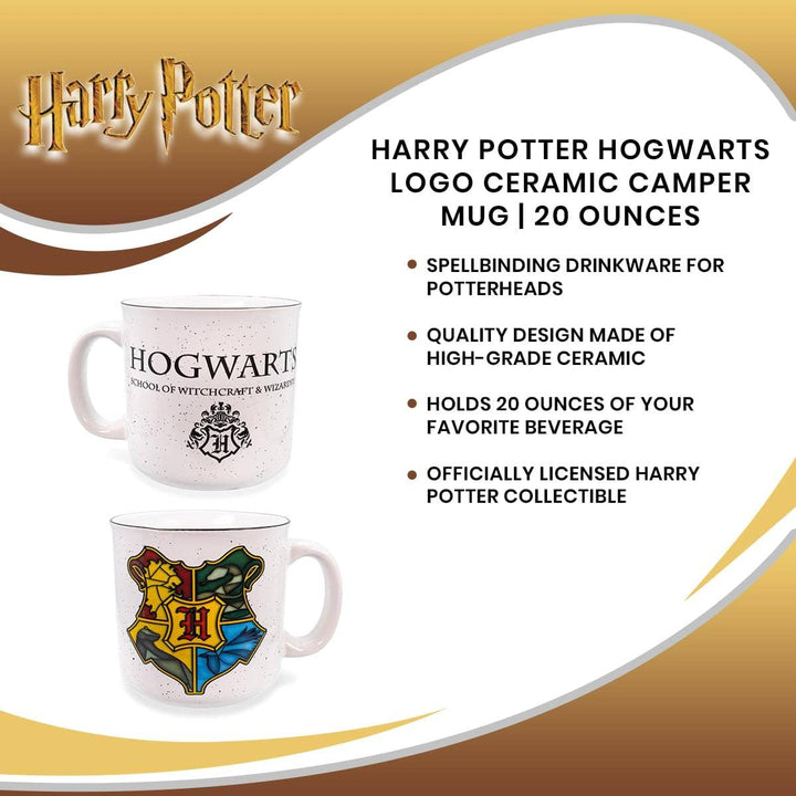 Harry Potter Hogwarts logo ceramic camper mug with product details on a white and gold background