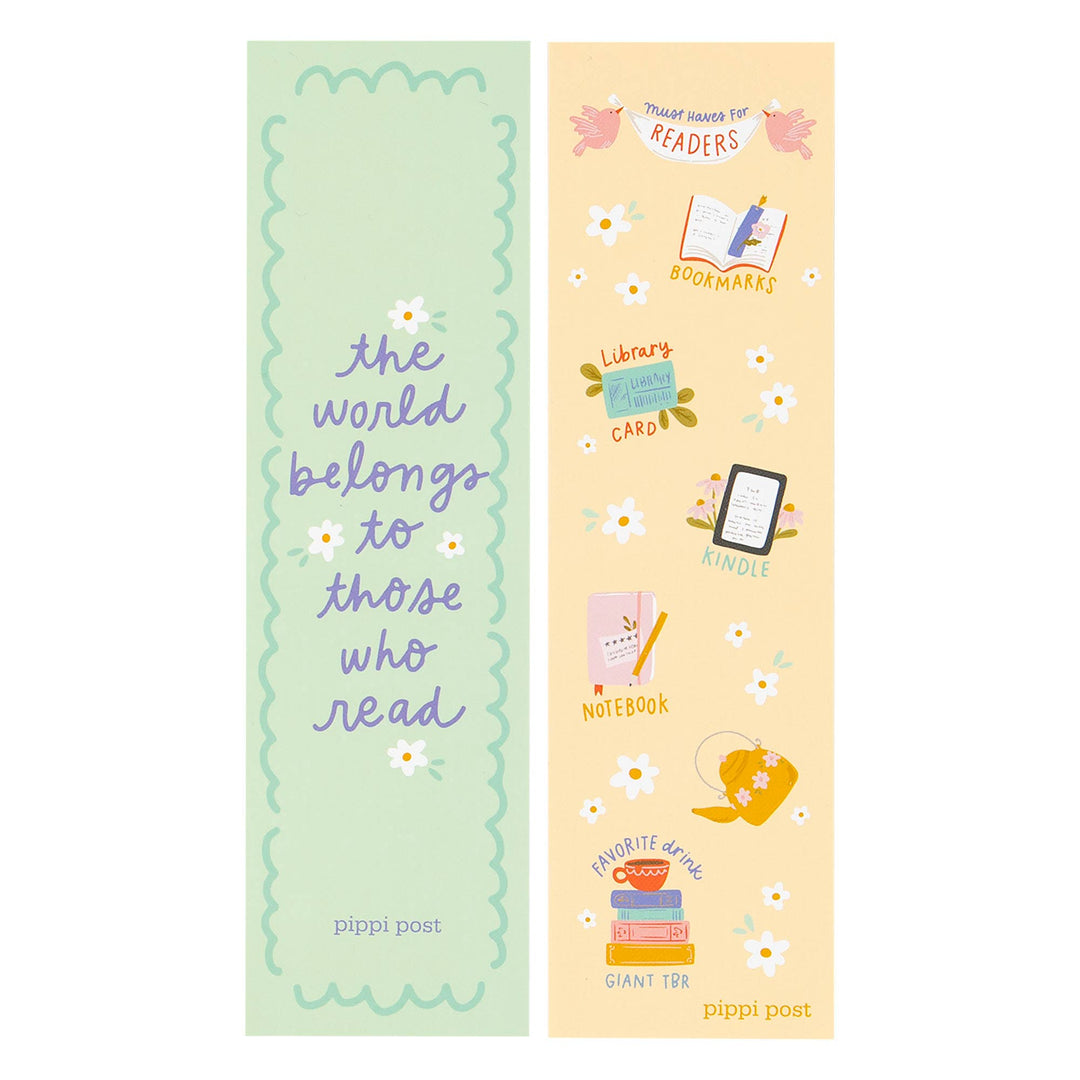 Two bookmarks with text and illustrations on a white background
