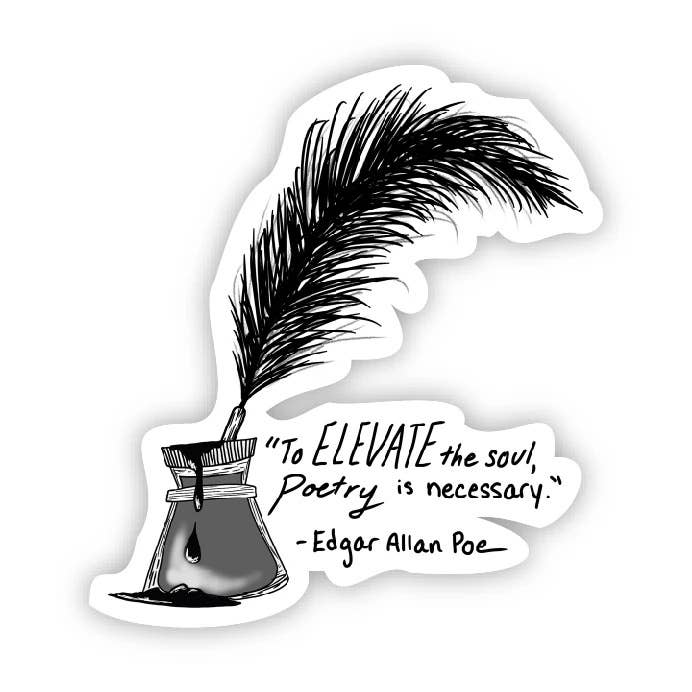 Feather quill and inkwell with Edgar Allan Poe quote on a white background