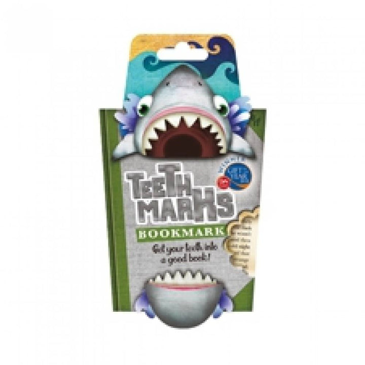 Teeth Marks shark-themed bookmark packaging on a white background