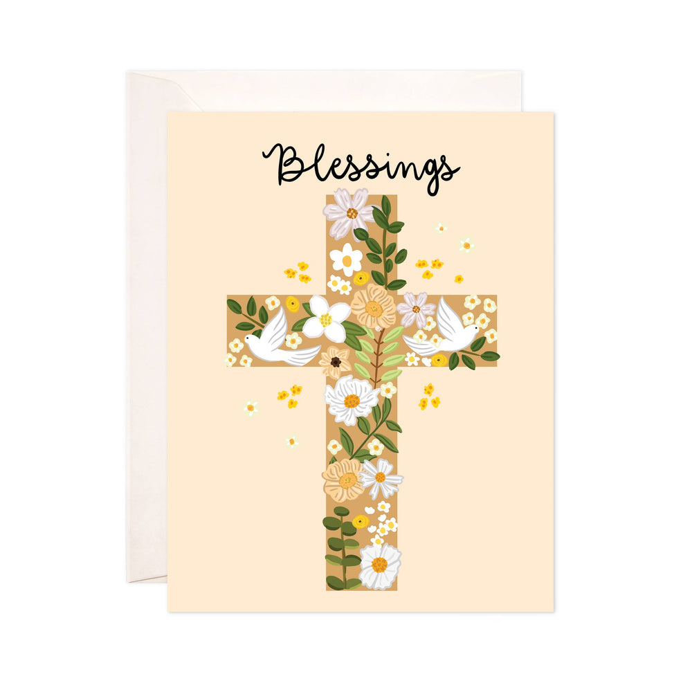 Greeting card with a floral cross design and 'Blessings' text on a beige background