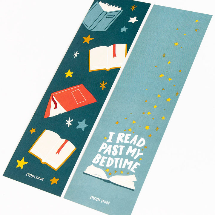 Two bookmarks with book illustrations and text on a white background