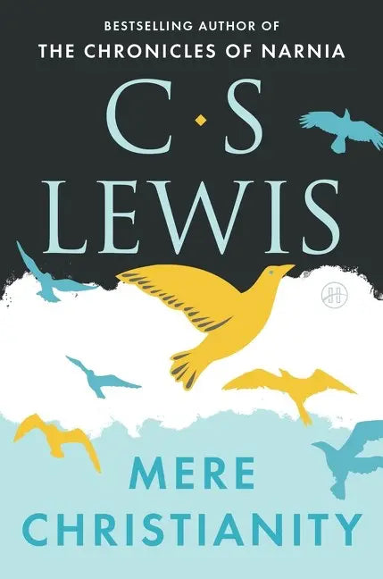 Book cover of 'Mere Christianity' by C.S. Lewis with birds flying in the sky.