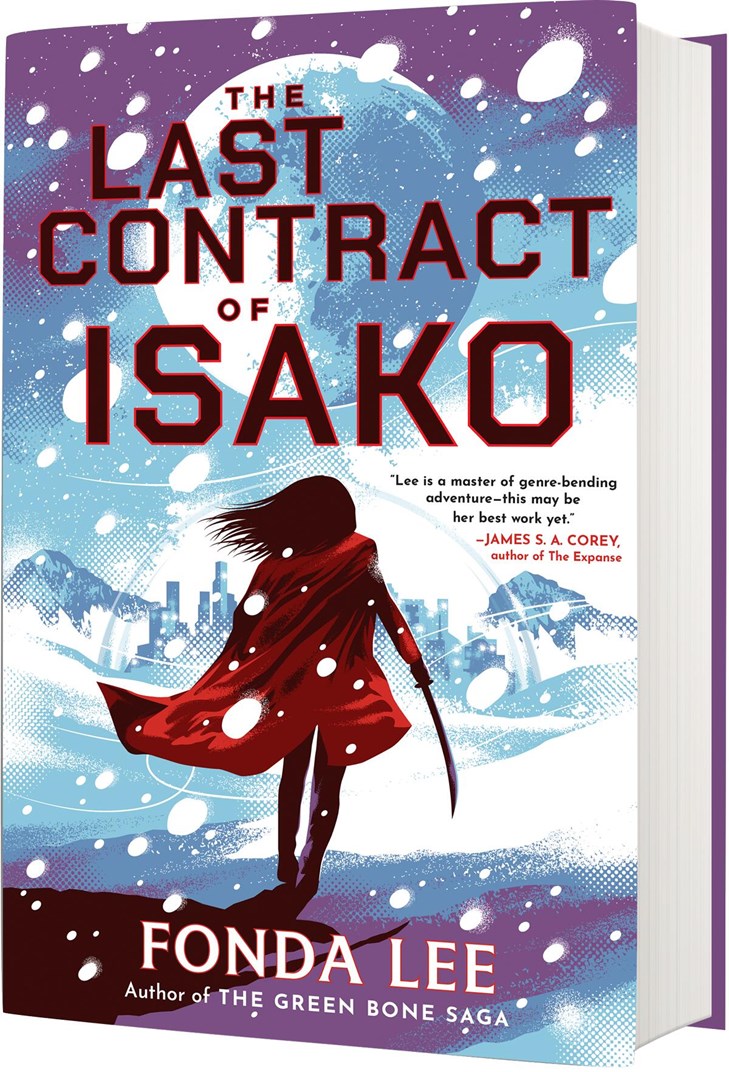 Book cover of 'The Last Contract of Isako' by Fonda Lee with a character in a red cloak against a snowy background.
