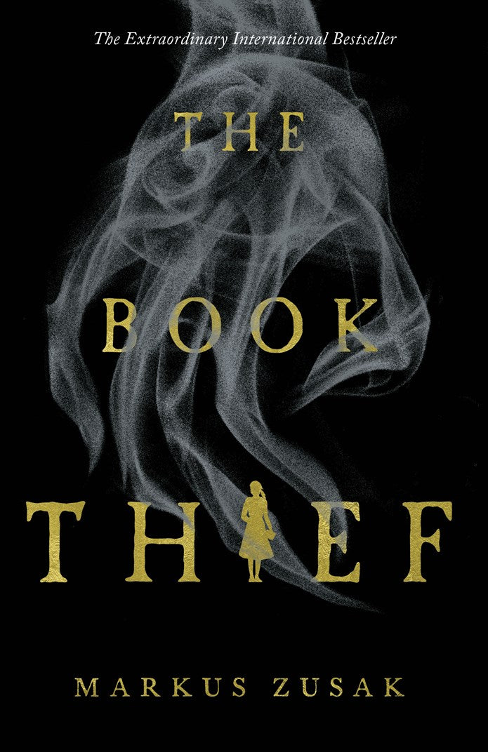 Book cover of 'The Book Thief' by Markus Zusak with a silhouette of a woman and smoke design on a black background.