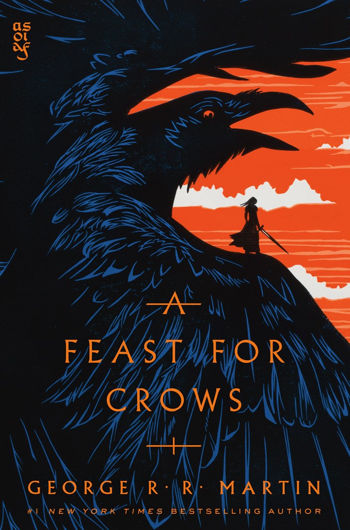 Book cover of 'A Feast for Crows' by George R.R. Martin with a silhouette of a crow and a person on a mountain.