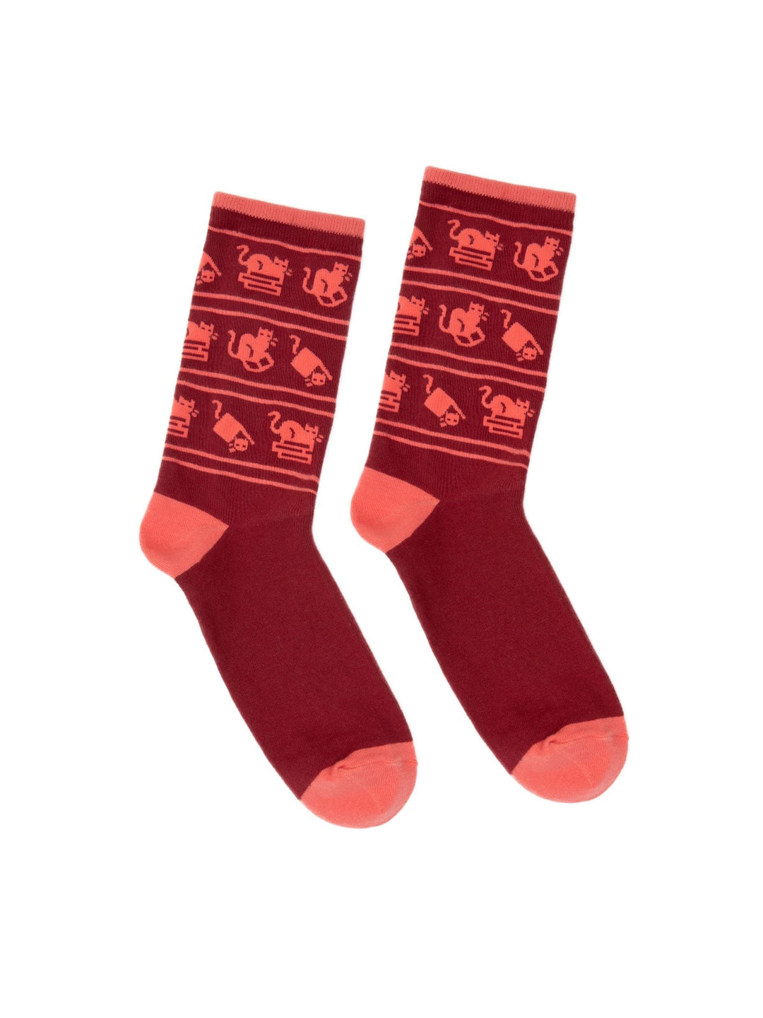 Red socks with pink accents on a white background