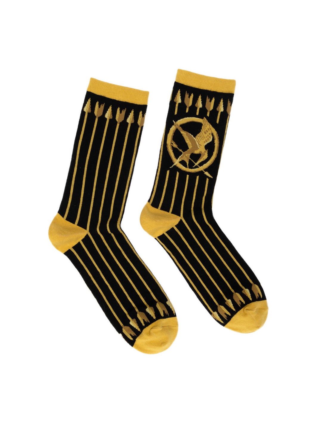Black socks with gold accents featuring a symbol on a white background