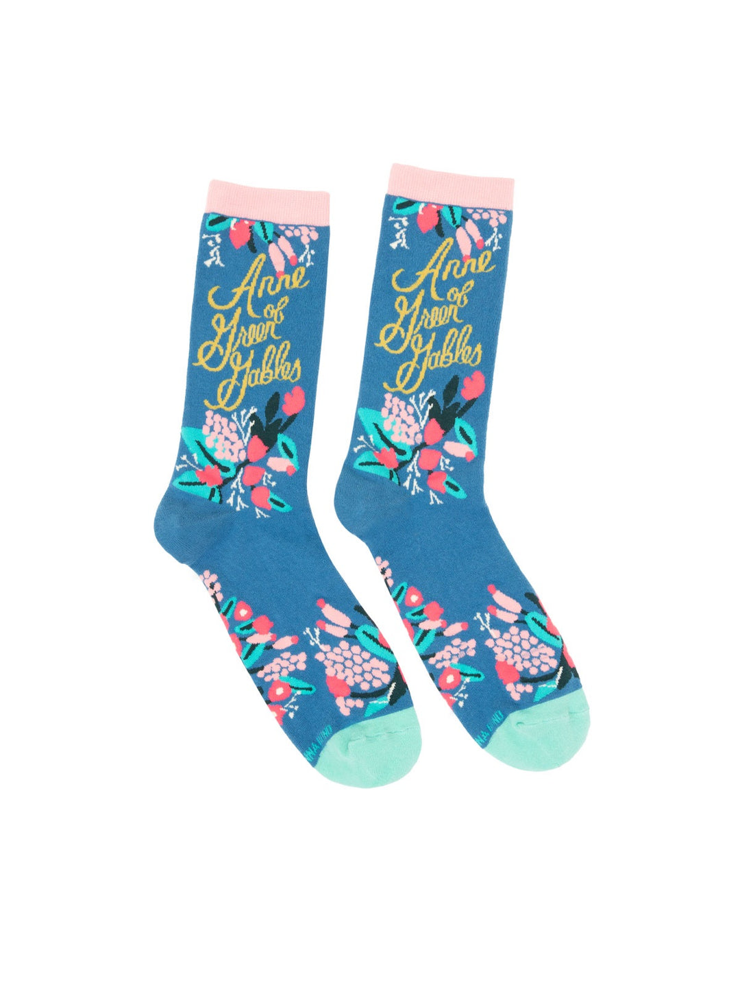Blue socks with floral patterns and text on a white background