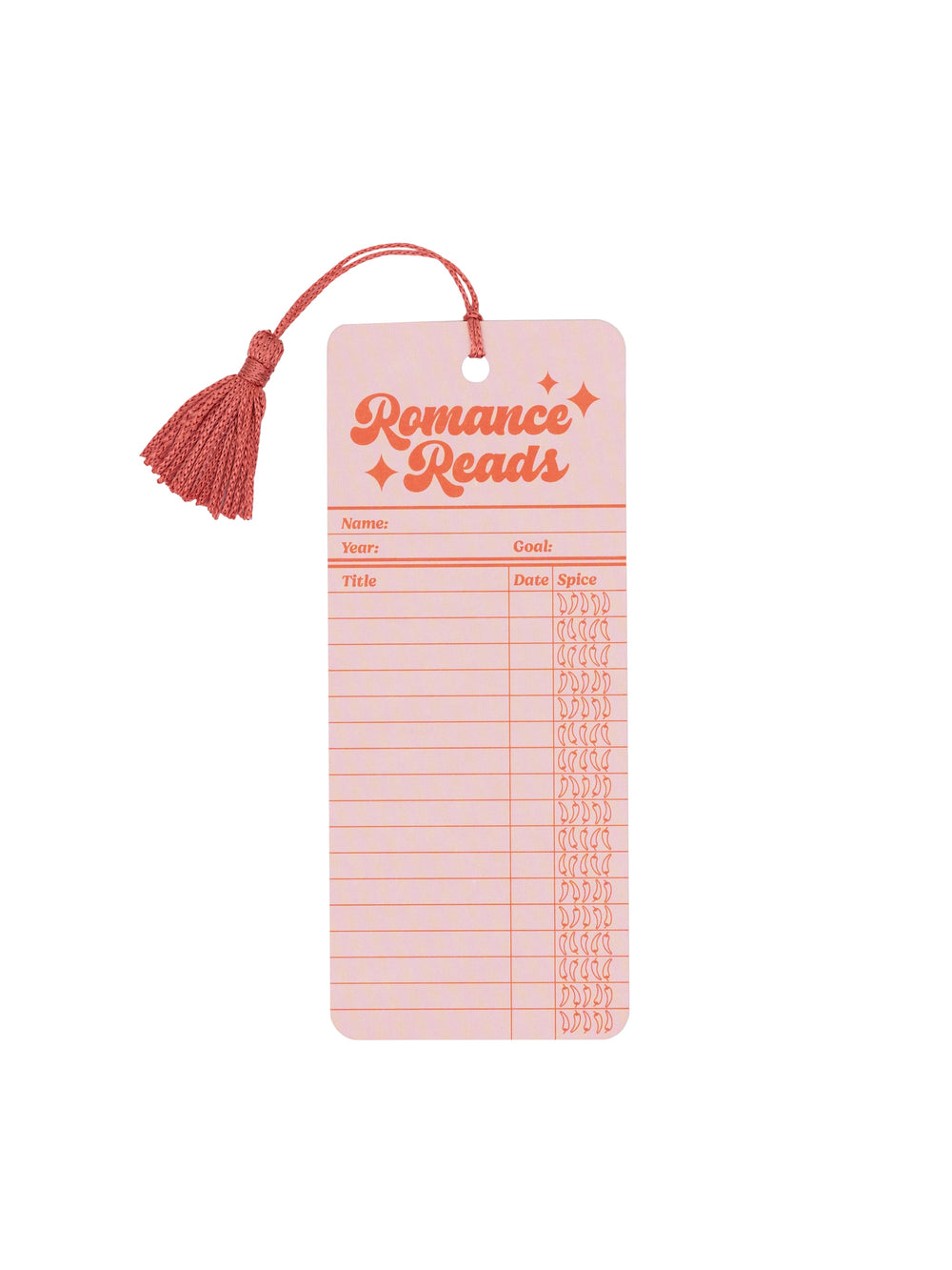 Pink bookmark with grid pattern and tassel on a white background