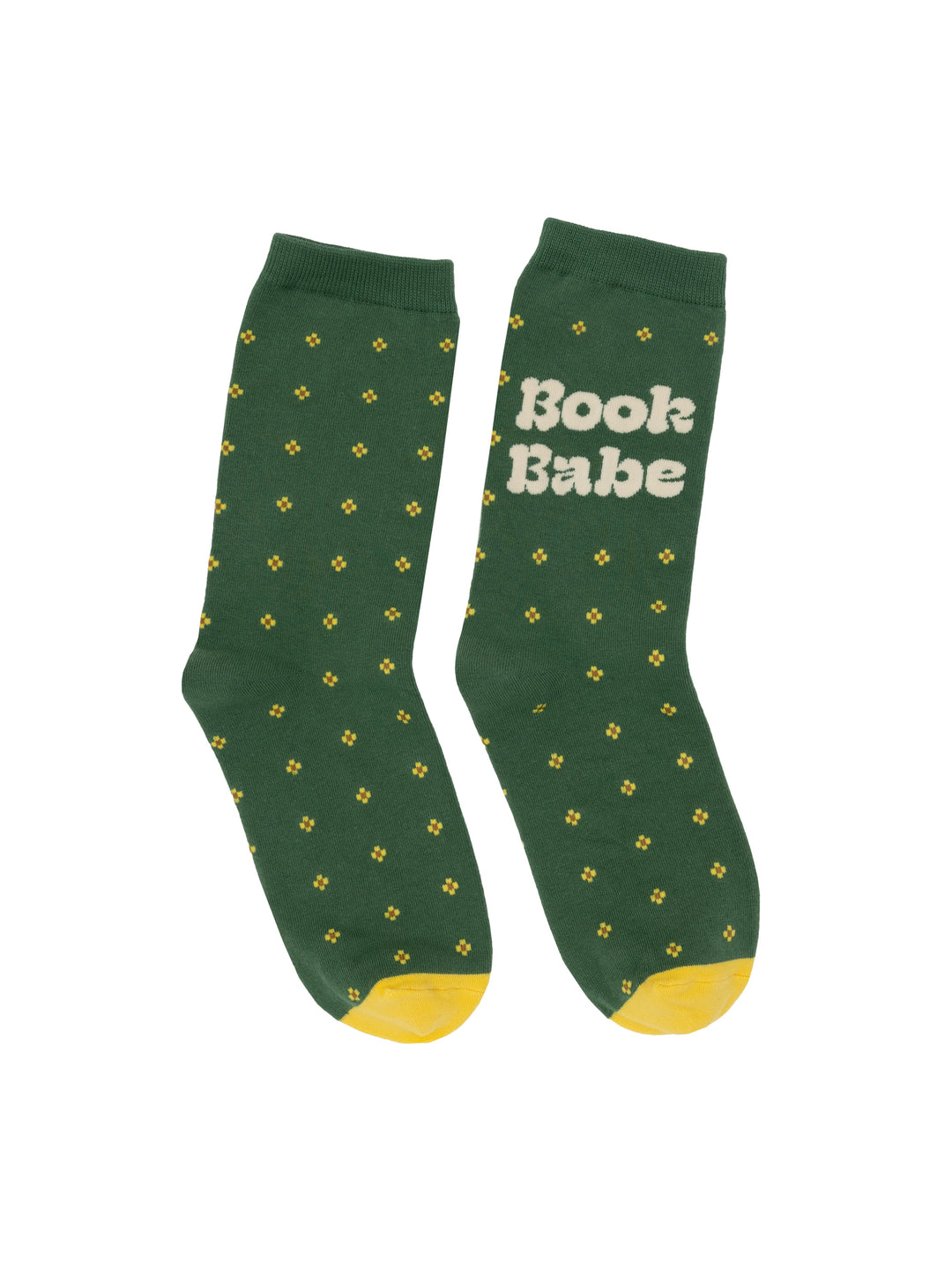 Green socks with yellow patterns and 'Book Babe' text on a white background