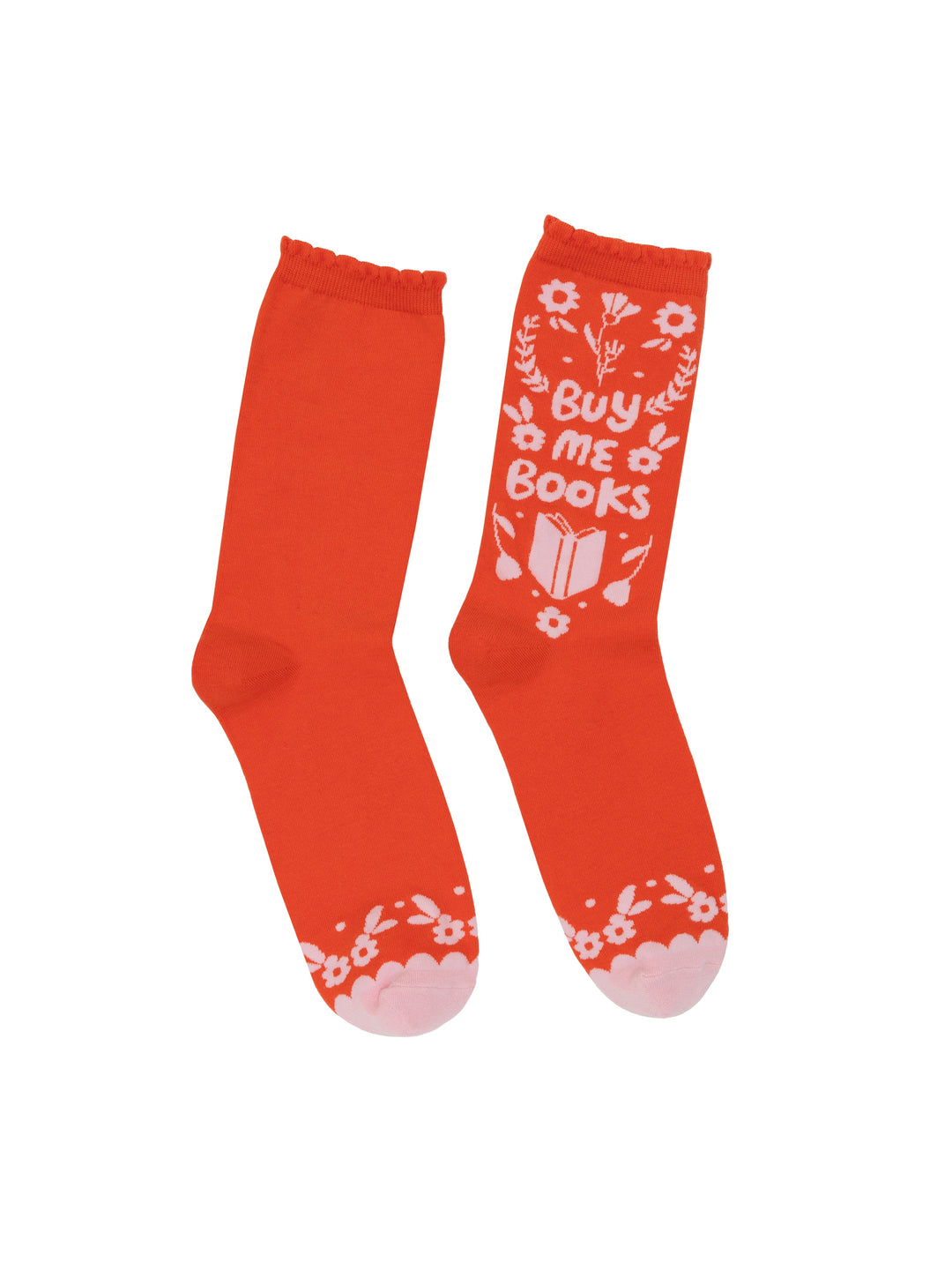 Red socks with 'Buy Me Books' text and floral designs on a white background