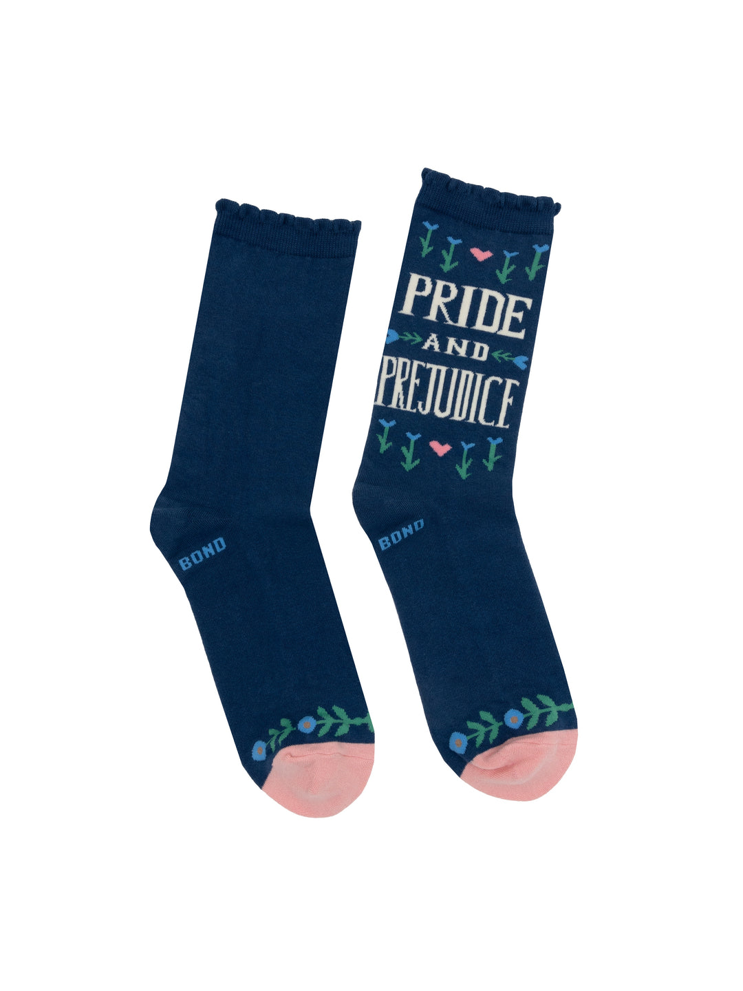 Navy blue socks with 'Pride and Prejudice' text and floral designs on a white background