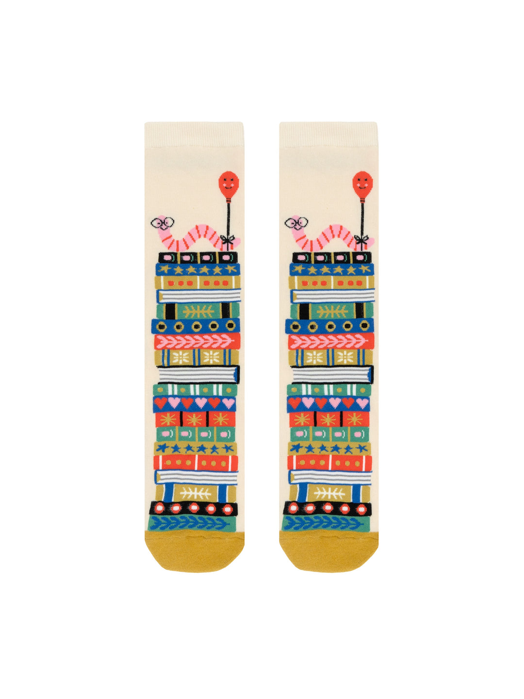 Colorful socks with patterned design on a white background