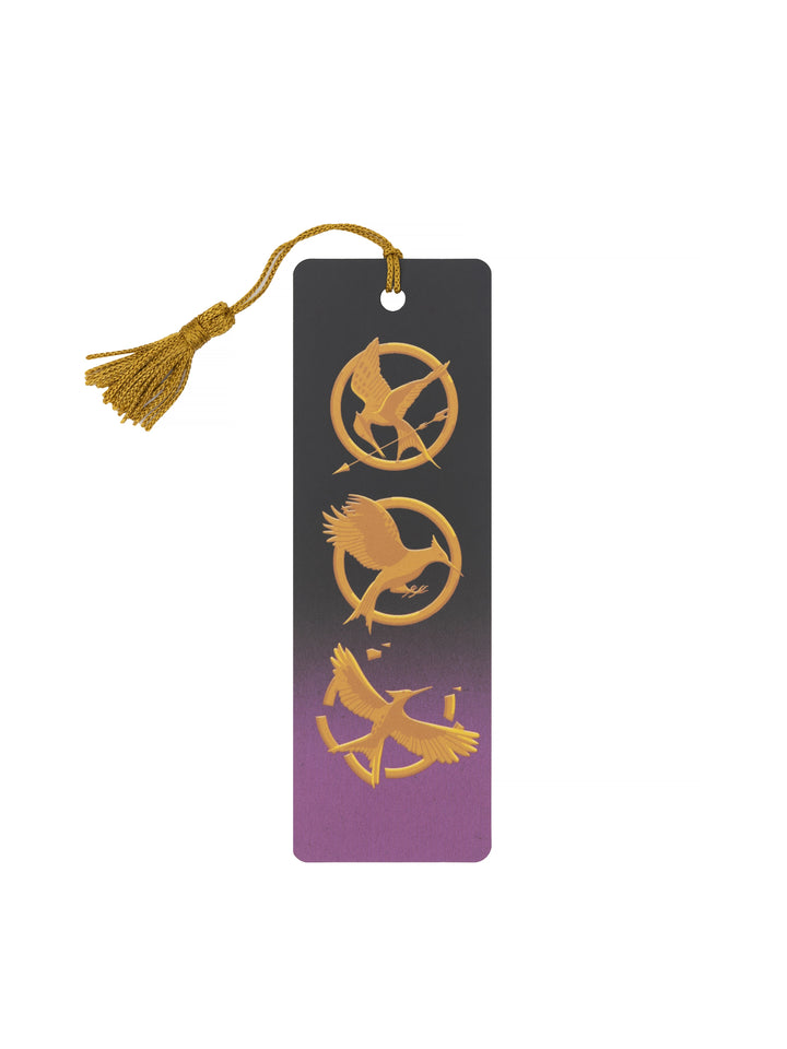 Bookmark with gold symbols on a gradient black to purple background
