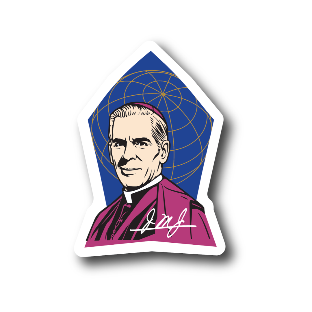 Sticker with a portrait of a person in religious attire on a blue and pink background