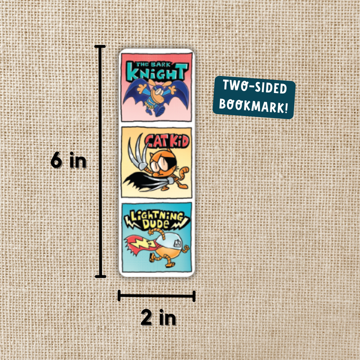 Two-sided bookmark with cartoon characters and dimensions on a textured beige background