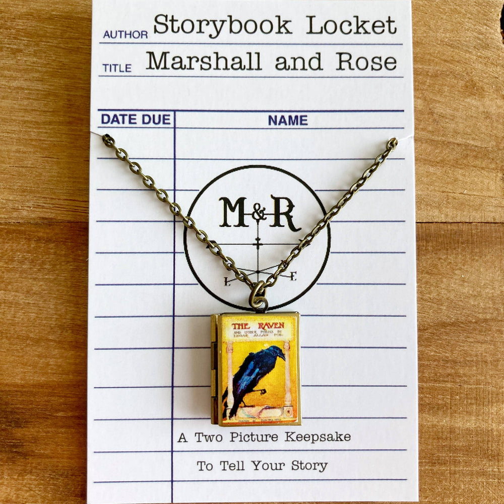 Storybook Locket with 'M' and 'R' on a library card-style card