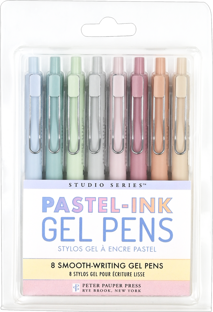 Pack of pastel ink gel pens with clear packaging on a white background